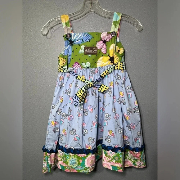Matilda Jane Sz 8 Girls Dress Removable Apron Elephants Unicycle Colorful EUC. - Picture 2 of 9